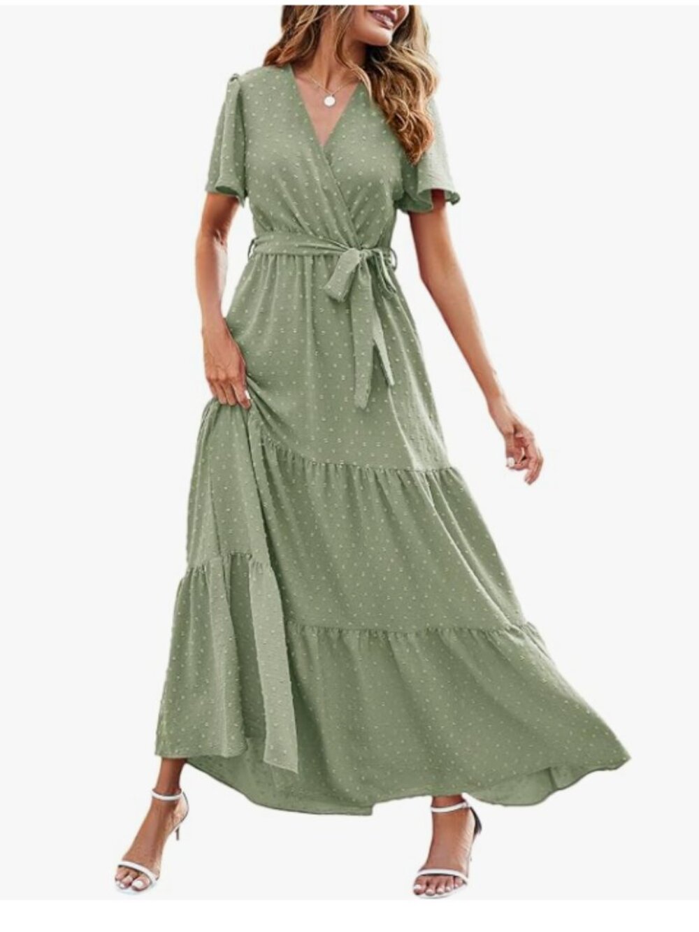 NWT MASCOMODA Boho Swiss Dot Maxi Dress Light Green Wrap V Neck Flowy XL X-Large